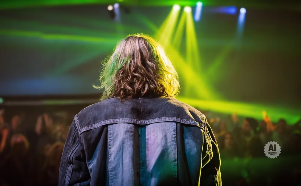 Person with colorful hair in denim jacket facing away from camera, bathed in green stage lights.