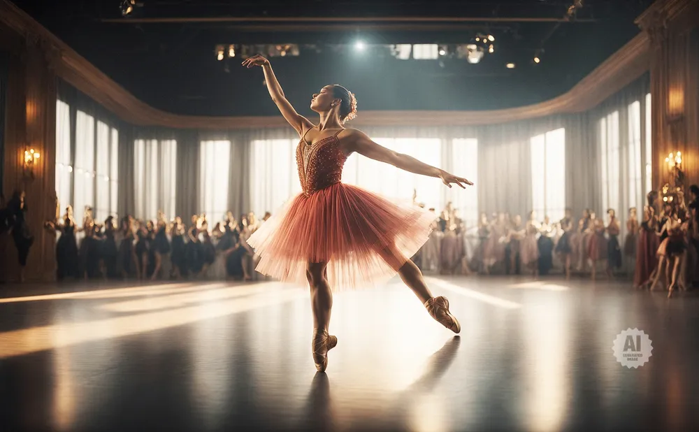 A ballerina in a red tutu performs on a stage with an audience watching.