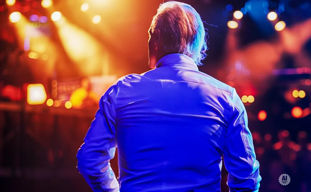 Man in a blue shirt on a stage with bright lights