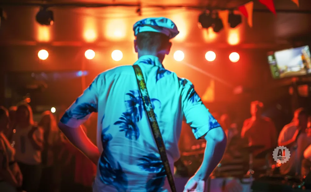 Man in a blue floral shirt and cap on stage at a concert, with orange stage lights and a blurred audience.