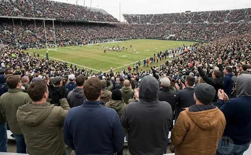 A crowd of people watch a football game from stadium seats.
