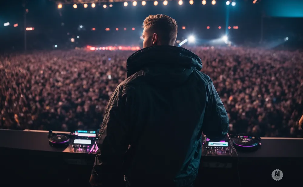 DJ performing for a large crowd at an outdoor concert, illuminated by stage lights.