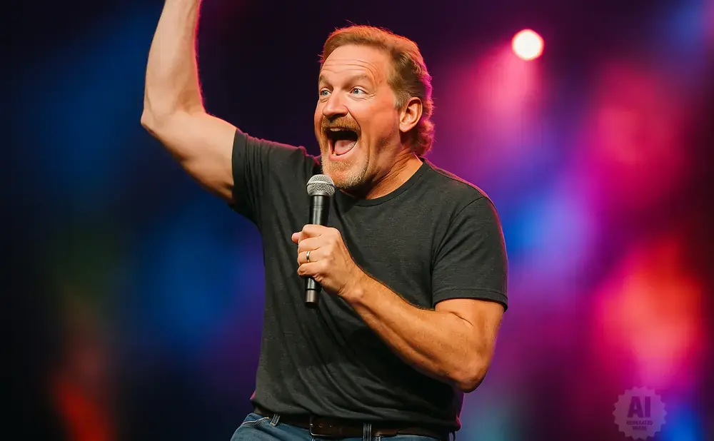 A man with an open mouth and raised arm holds a microphone on a stage with colorful lights.