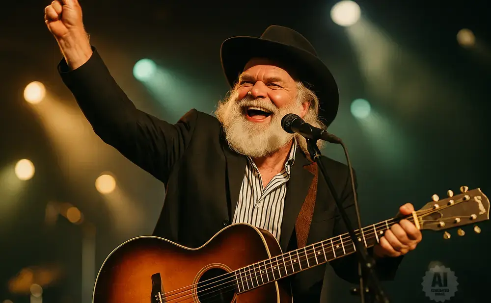 A bearded man in a cowboy hat plays guitar and sings into a microphone on stage.