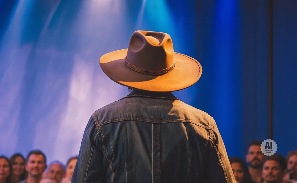 A person wearing a cowboy hat and denim jacket faces a blue background with an audience blurred in the foreground.