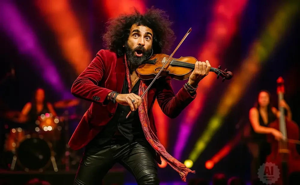 A violinist with a red jacket and black pants plays with intense emotion on stage, with a drummer and a cellist blurred in the background.