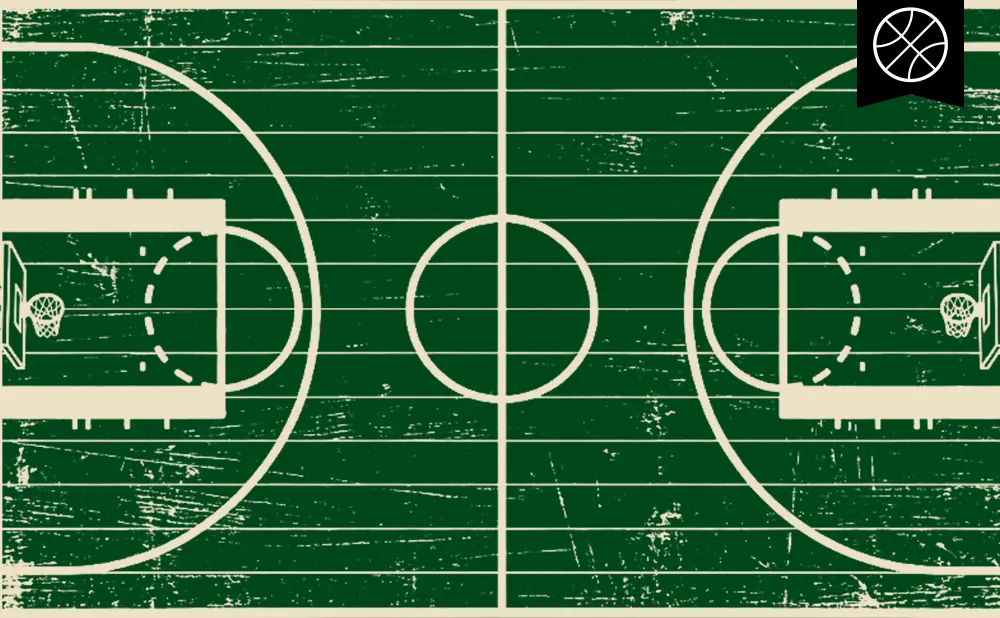 A green and white basketball court with a distressed, vintage texture. A basketball icon is in the upper right corner.