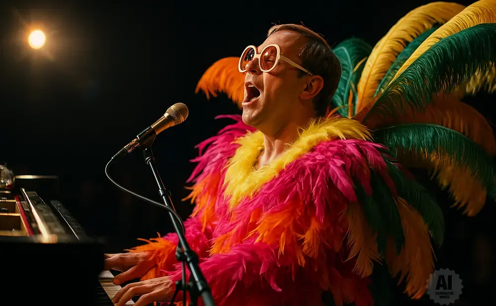 A man in a colorful feathered costume and large glasses sings into a microphone at a piano.