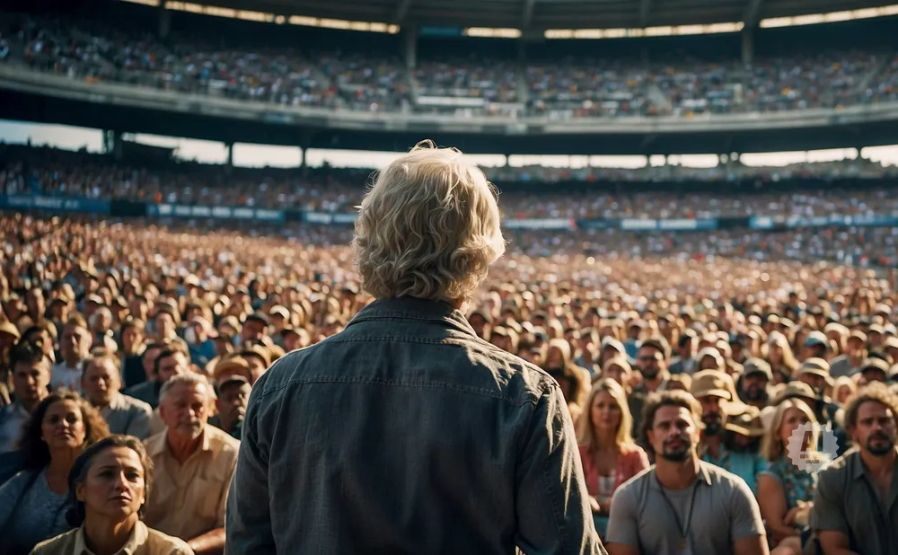 A man with curly blonde hair stands with his back to the camera, addressing a large crowd in a stadium.