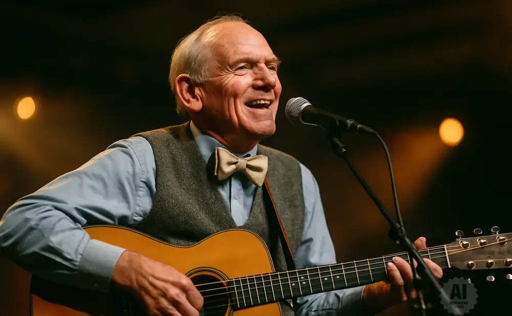 An older man with a bow tie sings and plays an acoustic guitar on stage.
