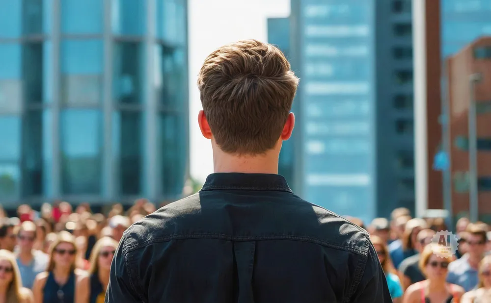 Back view of a man in a black shirt facing a blurred crowd and modern buildings.