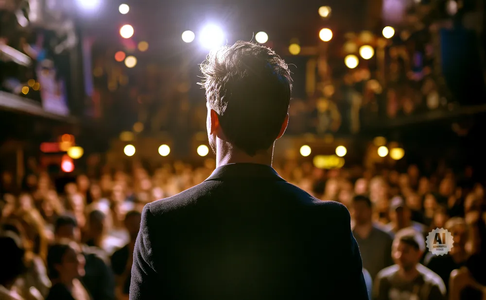 Man in a suit facing a crowd, illuminated by spotlights.