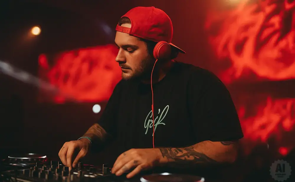 DJ in a red cap and headphones mixes music on turntables with red stage lighting.