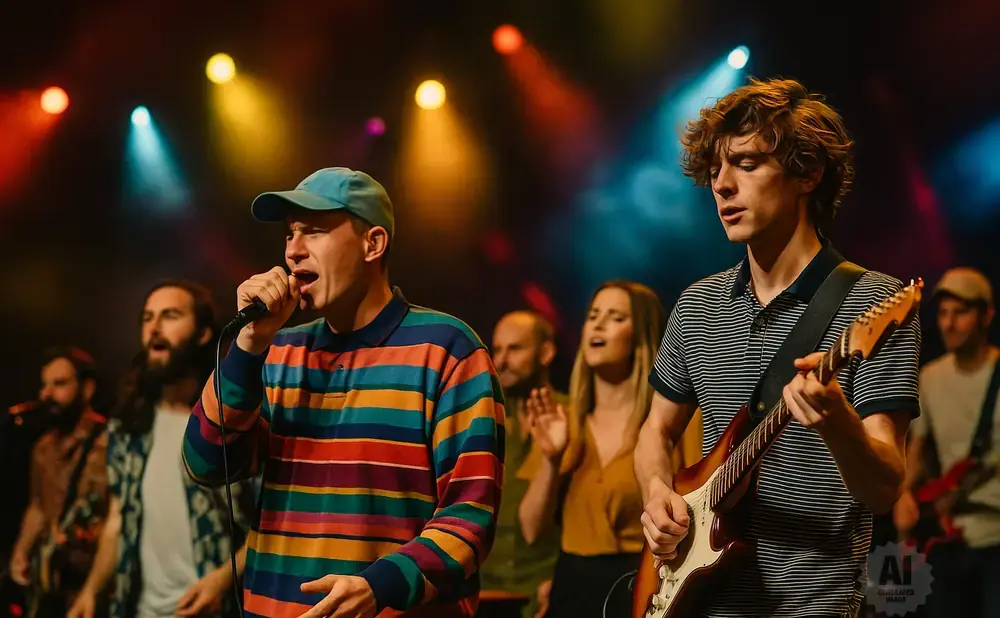 A band performs on stage with colorful lighting. A lead singer with a blue cap and striped shirt sings into a microphone, while a guitarist plays in fro…
