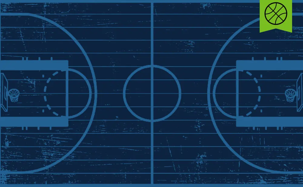 Blueprint of a basketball court with a green banner and basketball icon in the top right.