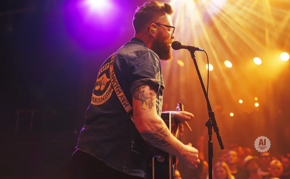 A man with a beard sings into a microphone while playing a guitar on stage.