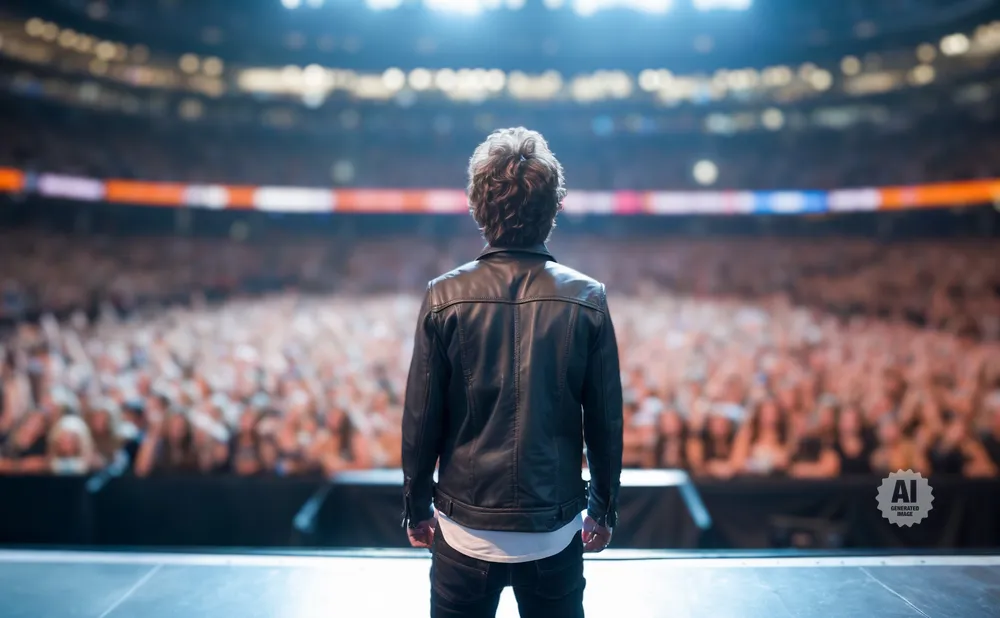 A lone performer in a black leather jacket faces a vast, cheering crowd at a concert.