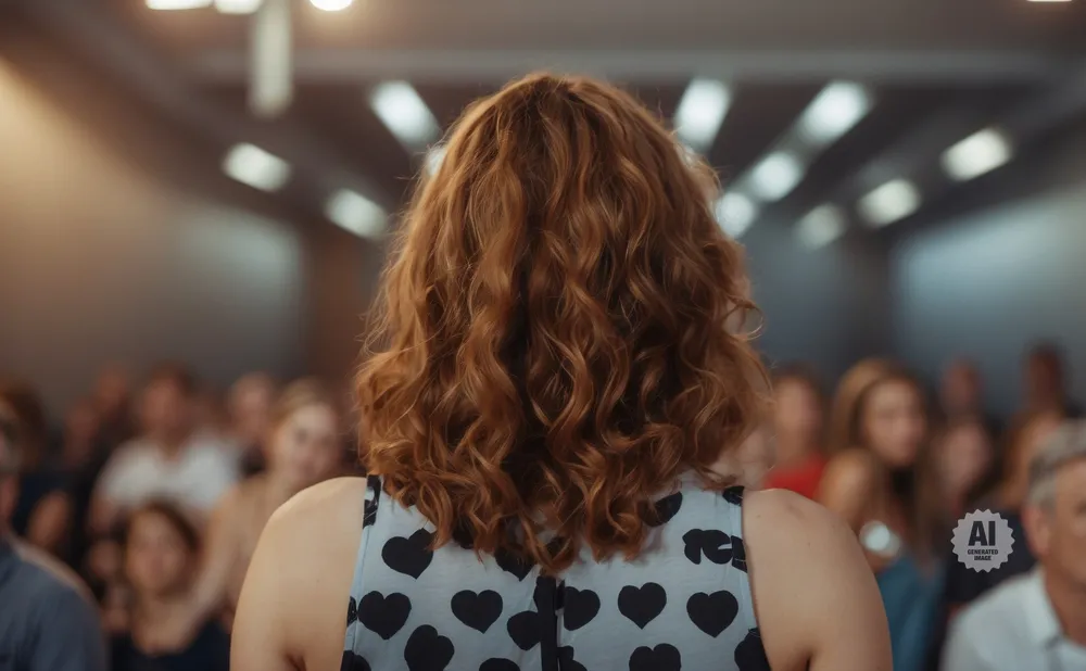 Back view of a woman with curly red hair speaking to an audience in a blurred room.