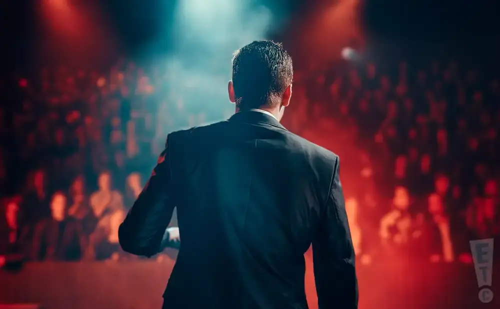 A man in a suit faces an audience under red and blue stage lights.