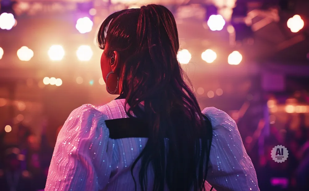 Woman with a high ponytail in a sparkly white top on stage with bright lights.