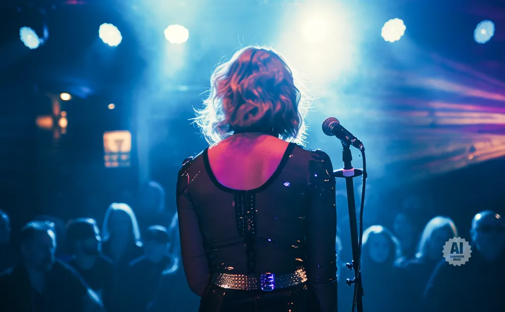 A performer stands on stage facing away from the camera, singing into a microphone under bright stage lights.
