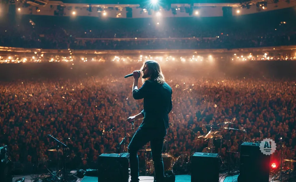 Singer with long hair on stage in front of a large, illuminated crowd at a concert.
