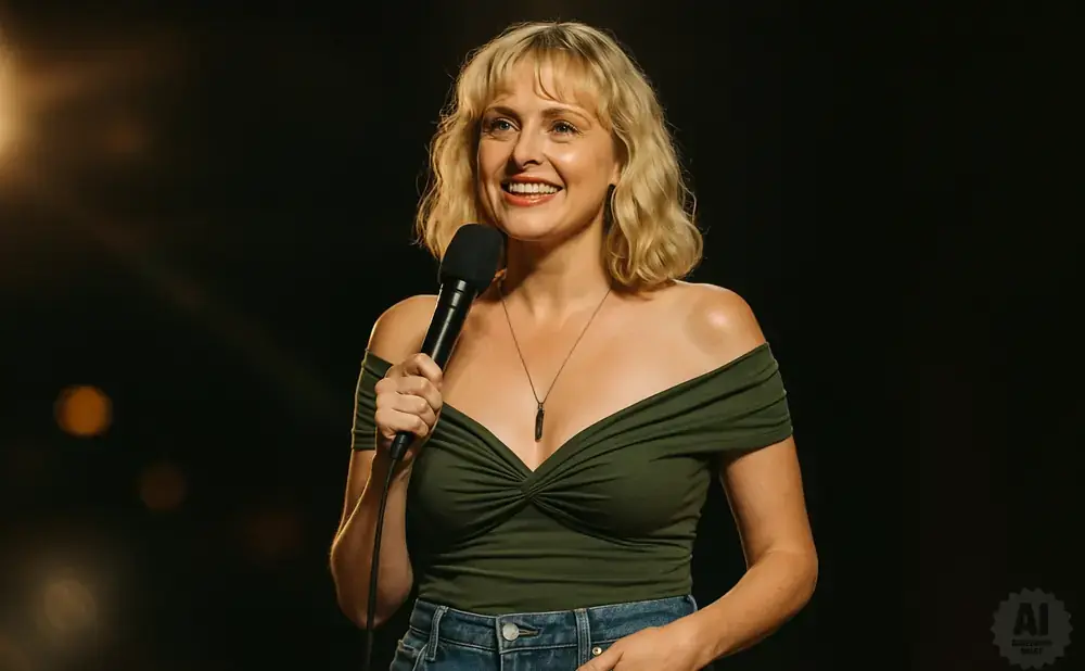 A blonde woman in a green off-the-shoulder top smiles holding a microphone on a dark stage.