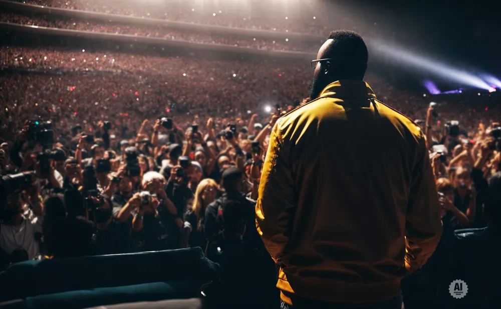 A man in a yellow jacket stands on stage, facing a large, cheering crowd with lights illuminating the arena.