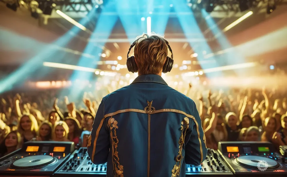 DJ in a blue jacket with gold trim performs for a crowd, bathed in blue and yellow spotlights.