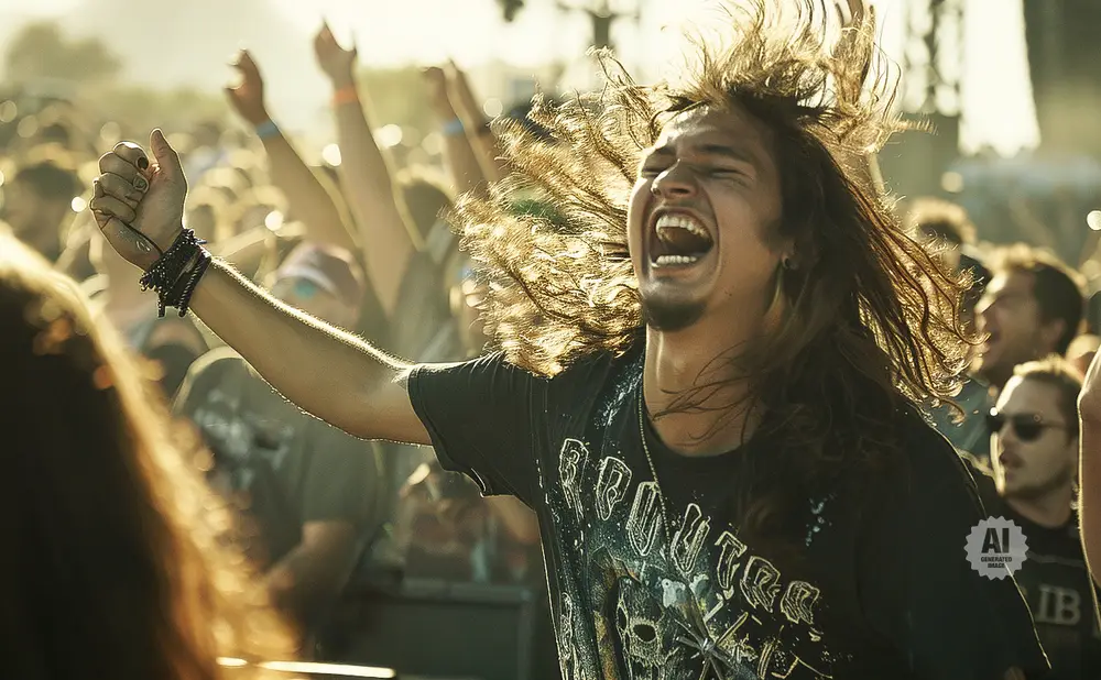 A man with long, wild hair screams with his mouth open at a concert, bathed in sunlight.