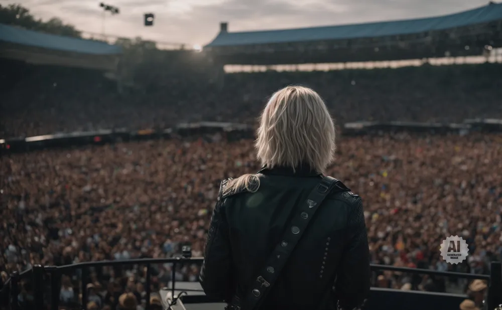 Rear view of a blonde person in a black leather jacket looking out at a large, blurred crowd at a stadium concert.