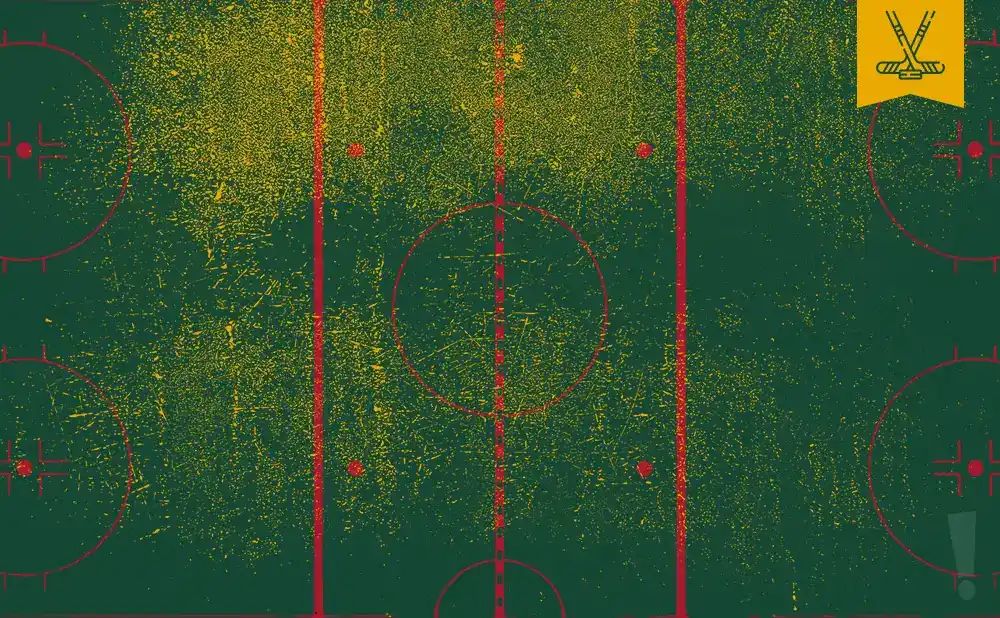 A grunge-textured ice hockey rink with yellow speckles and red markings.
