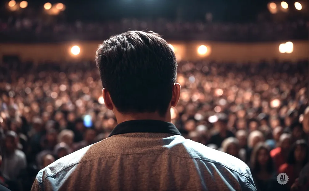 Back of a man's head in a collared shirt facing a large, dimly lit crowd with warm lights in the background.