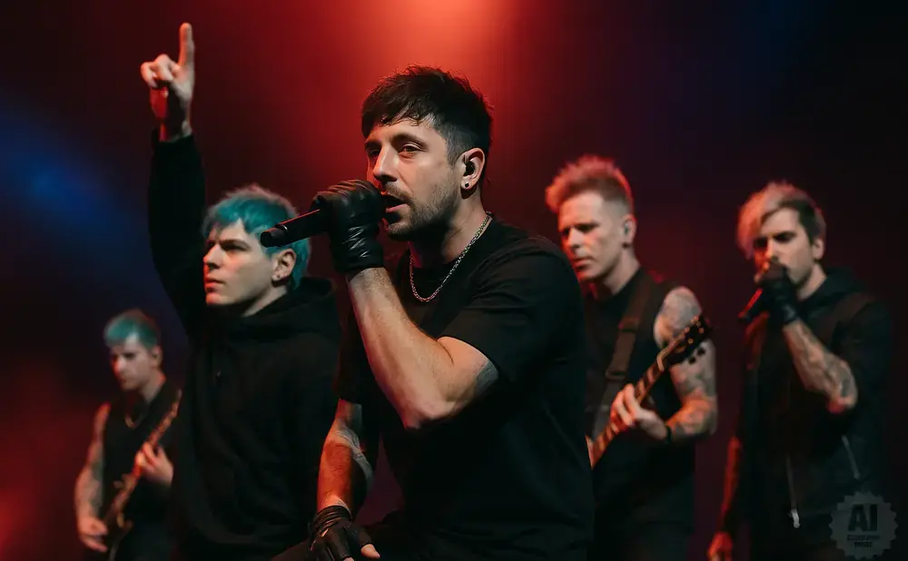 A band performs on stage with red and blue lighting. The lead singer is in the foreground singing into a microphone.