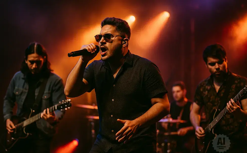 A band performs on stage with a lead singer holding a microphone, a guitarist on the left, and another guitarist on the right.