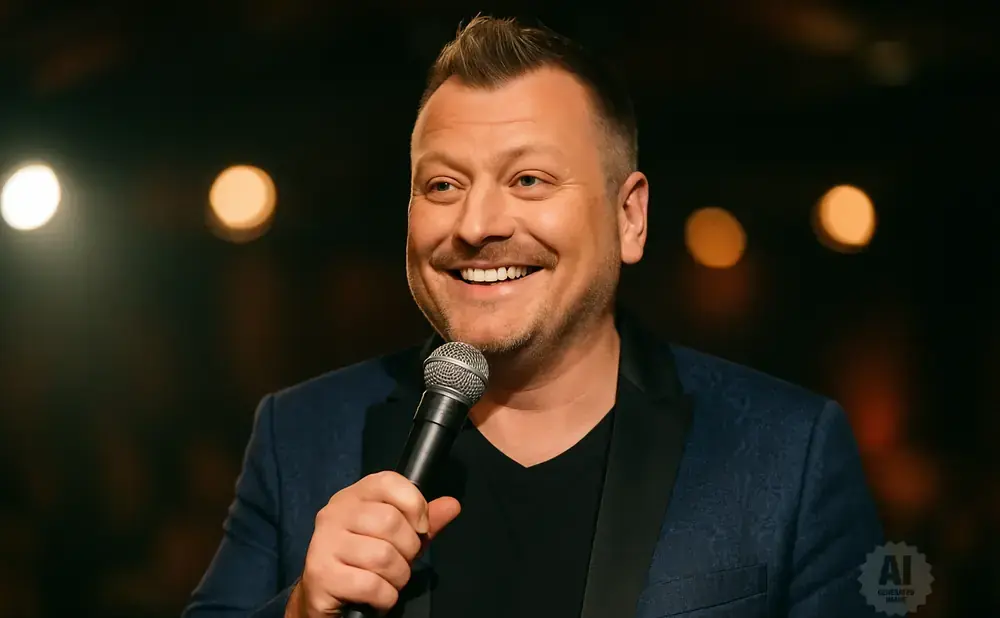A man with short, spiky hair and a beard smiles into a microphone. He wears a dark blue patterned suit jacket over a black V-neck shirt.