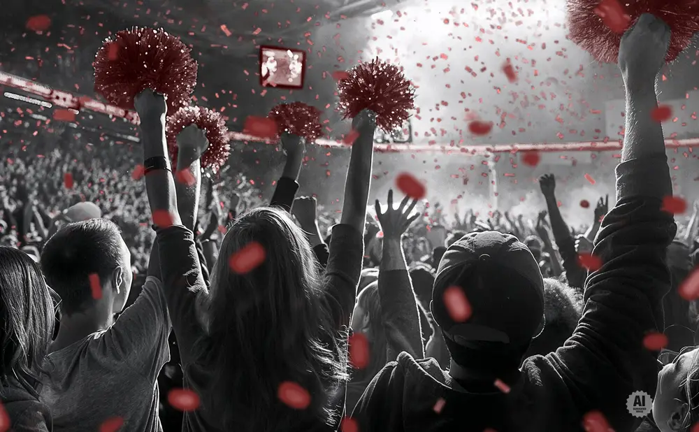 Crowd cheering with red pom-poms and confetti in a stadium.