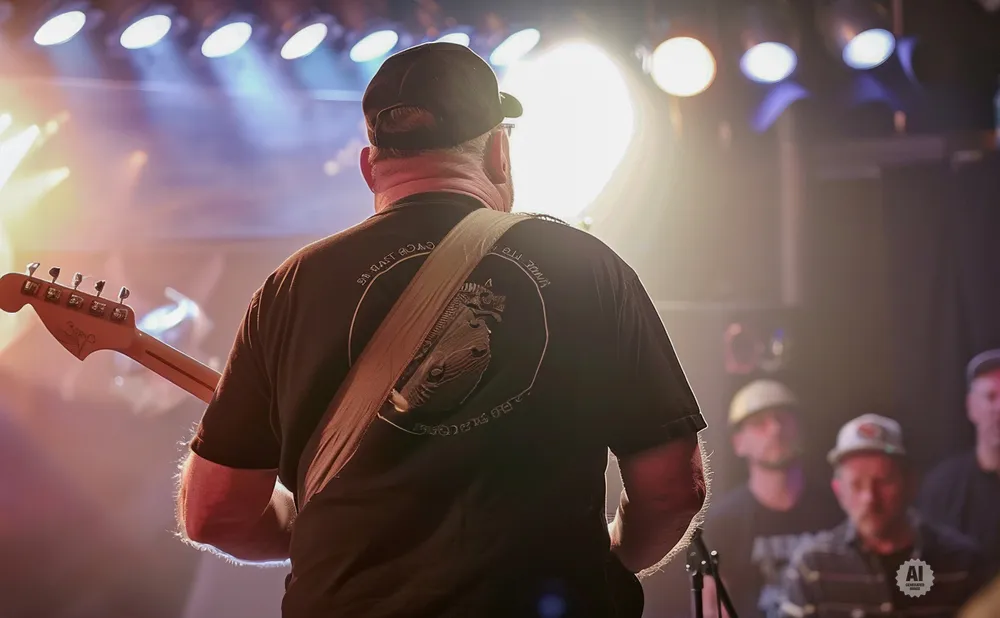 Guitarist playing on stage, backlit by bright lights, with bandmates and audience in the background.