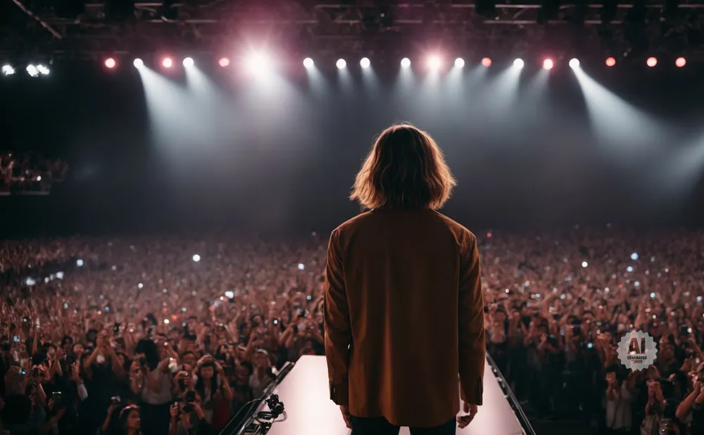 A performer on stage looks out at a large, cheering crowd with phones held high.