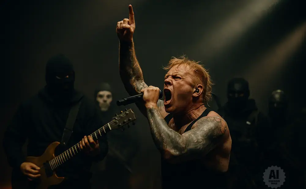 A male singer with tattoos and spiked blond hair screams into a microphone, pointing a finger upwards. Bandmates in masks are in the background.