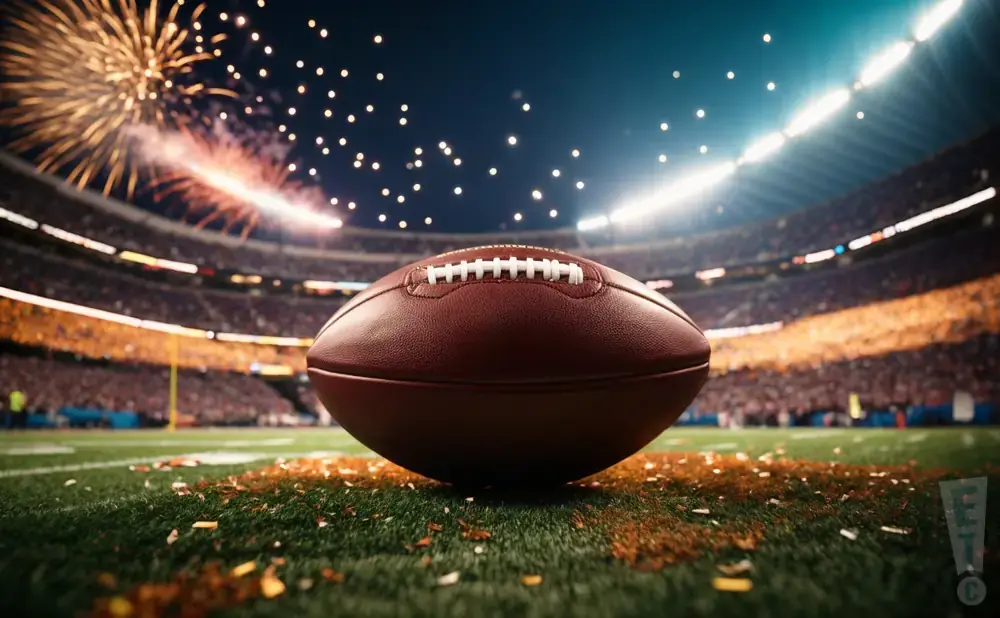 A football sits on the field at night with fireworks and a stadium full of fans in the background.