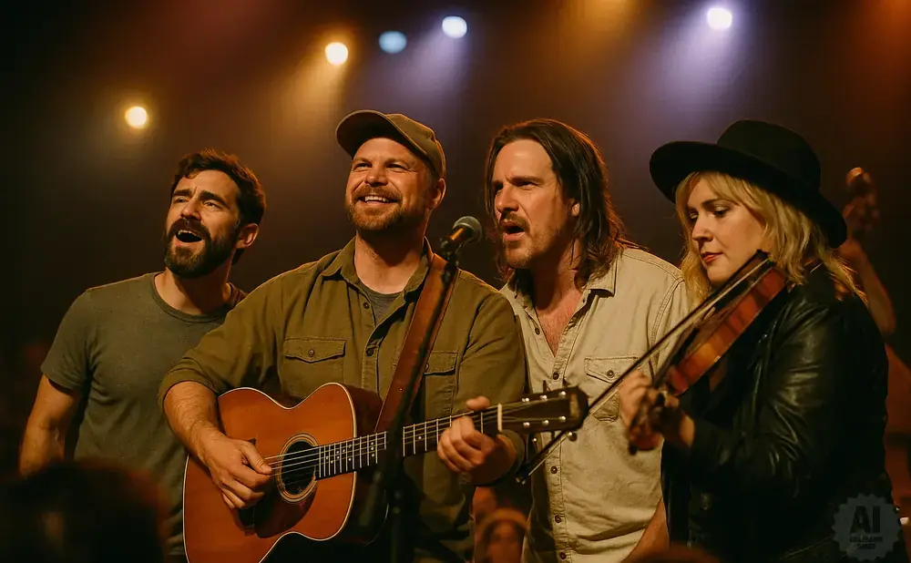 A band performs on stage, with a man singing and playing guitar, another singing, a woman playing violin, and another man in the background.
