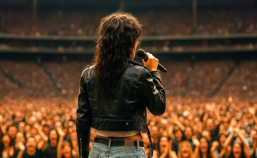 A singer with a mullet in a black leather jacket performs for a large, cheering crowd in a stadium.