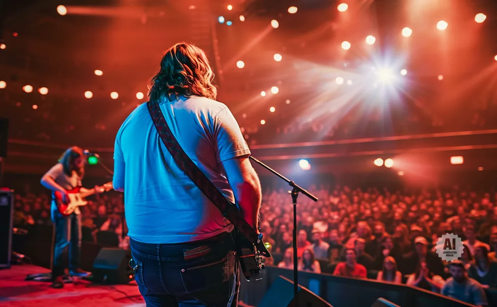 A band performs for a large crowd on a stage lit by red and white lights.