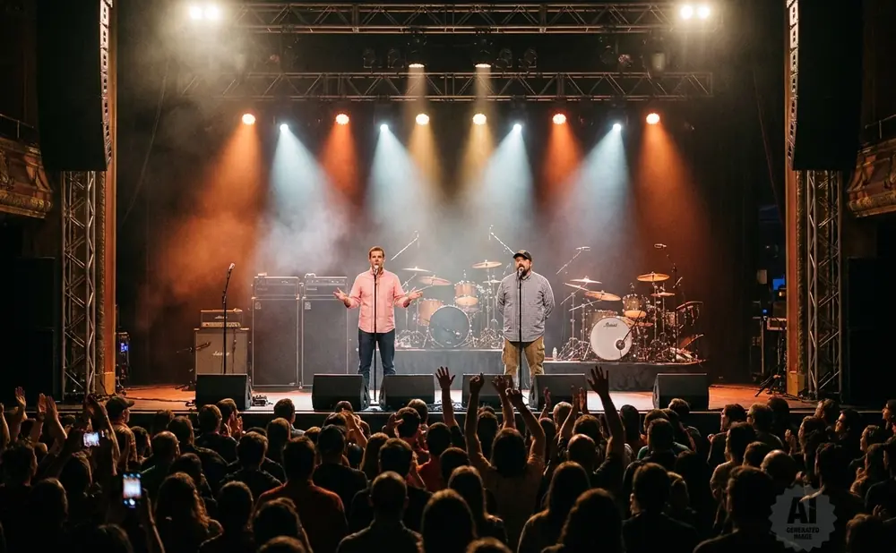 Two men stand on a dimly lit stage, with a crowd in the foreground. The man on the left wears a pink shirt, the man on the right a plaid shirt and cap.