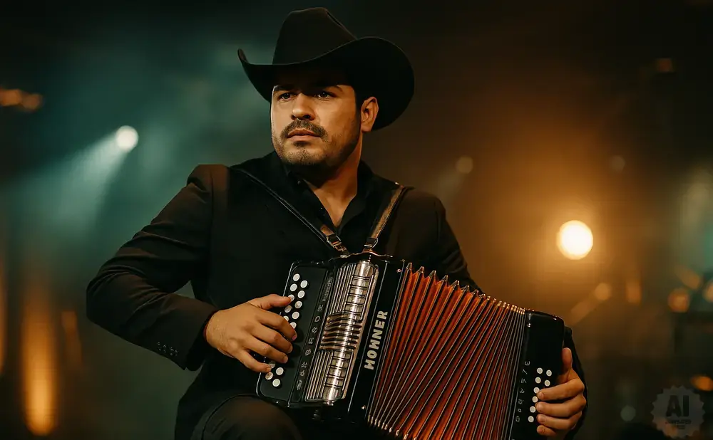 A man in a black cowboy hat and suit plays an accordion on a dimly lit stage.