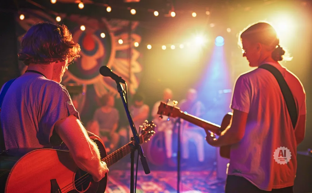 Two guitarists play on a dimly lit stage with colorful lights and a tapestry backdrop.