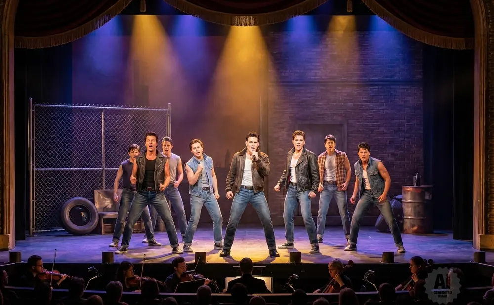 A male musical ensemble performs on stage with brick and chain-link fence backdrop.