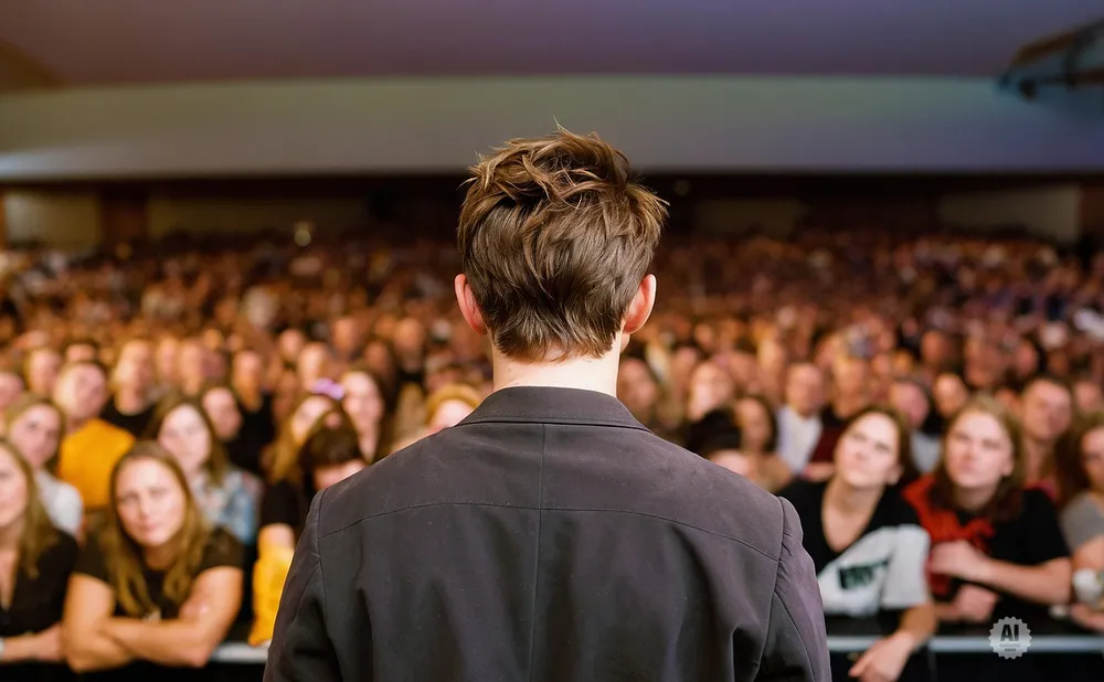 Man in a black jacket faces a large, blurred audience in an indoor venue.