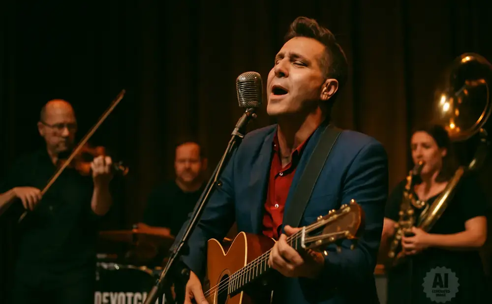 A singer in a blue jacket and red shirt plays an acoustic guitar while a violinist and saxophonist perform behind him.